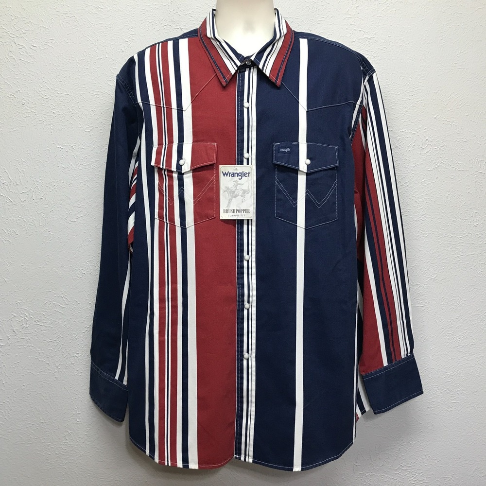 Wrangler Brushpopper Shirt Mens XXL Blue Red Striped Pearl Snap Western Classic